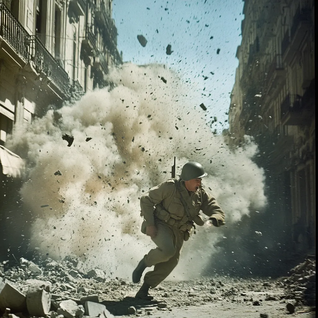 A soldier in a World War II-era uniform runs through a city street amidst a massive explosion.  Debris and dust fill the air as buildings crumble around him.  The scene is chaotic and powerfully depicts the intensity and danger of urban warfare.  The soldier's determined expression and running form suggest urgency and resilience in the face of overwhelming destruction.