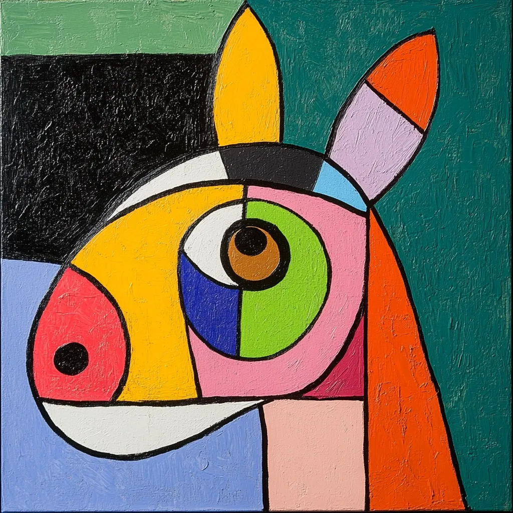 A vibrant, abstract painting depicts a stylized horse's head.  Bold geometric shapes in bright colors like yellow, pink, orange, and green create the form.  The artist uses thick, textured paint application, giving a playful and somewhat naive quality to the piece. The composition is balanced, with the horse's head filling most of the canvas against a dark and teal background. The style evokes a sense of childlike energy and modern art.