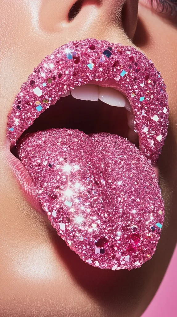 Close-up view of a person's mouth covered in pink glitter.  The lips and tongue are entirely coated in sparkling pink, creating a glamorous and vibrant effect. The glitter is densely applied, catching the light and showcasing a range of pink hues.  The image focuses on the texture and shine of the glitter.
