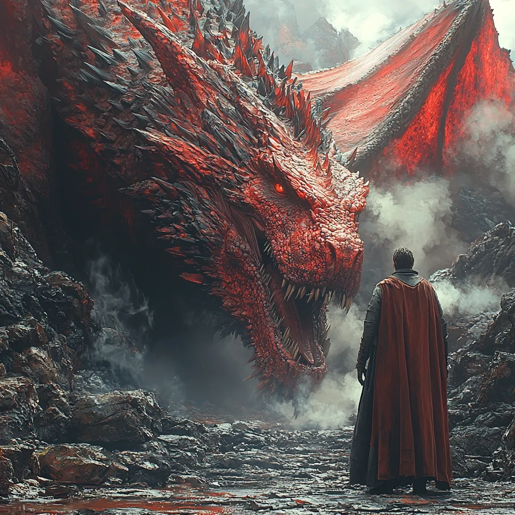 A lone figure in a long, dark cloak and red cape stands before an immense, fiery red dragon.  The dragon's head dominates the foreground, its sharp teeth bared in a menacing snarl.  Smoke and mist swirl around them, creating a dramatic, volcanic landscape. The scene evokes a sense of epic confrontation, possibly a moment of defiance or negotiation between man and beast.