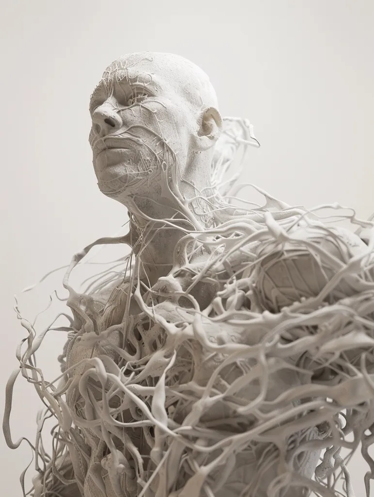 A striking monochrome sculpture depicts a human-like figure enveloped in a complex network of organic, vine-like forms.  The white material, possibly plaster or resin, creates a stark contrast against a plain white background. The figure's face is partially obscured, adding an element of mystery. The overall effect is one of both beauty and unease, suggesting themes of interconnectedness and transformation.