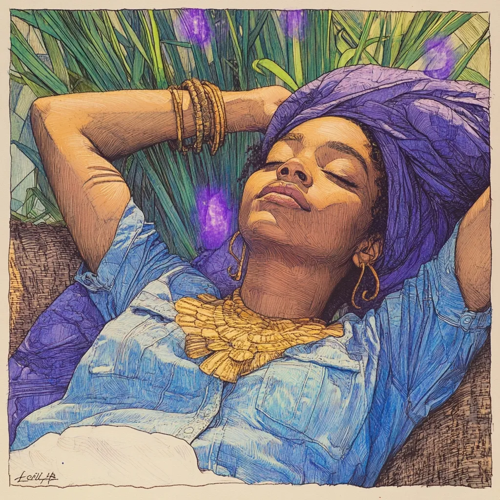 A detailed illustration depicts a Black woman serenely resting amidst lush greenery.  She wears a purple head wrap, a denim shirt, and a large gold necklace. Her eyes are closed, and her arms are draped behind her head.  Soft, purple glowing orbs float around her, suggesting a mystical or spiritual atmosphere. The style is reminiscent of detailed pen and ink drawings with subtle color washes.
