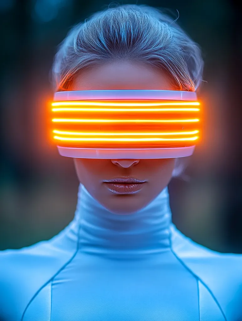 A woman with short blonde hair wears a futuristic white turtleneck and a visor with bright orange neon lights.  The visor obscures her eyes, creating a mysterious and technologically advanced aesthetic. The image is stylized with a cool blue tone, enhancing the futuristic feel.  The overall impression is one of sleek, modern technology and an enigmatic female figure.