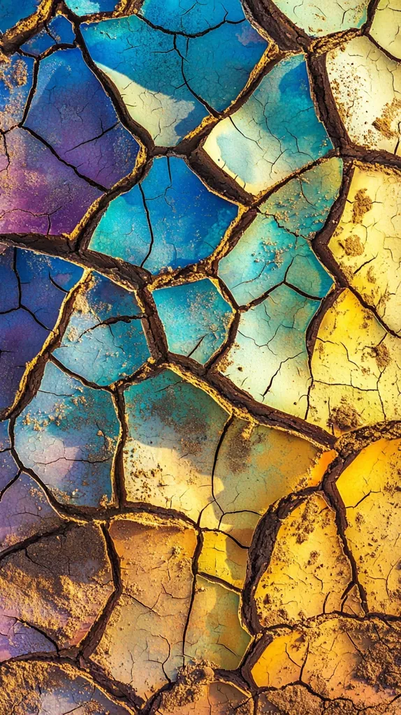 A close-up shot reveals a cracked earth surface, exhibiting a vibrant array of colors.  Blues, purples, yellows, and oranges intermingle in the irregular, polygonal cracks. The texture is rough and dry, suggesting a parched landscape.  The image's rich color palette and intricate patterns create an abstract, almost artistic effect.