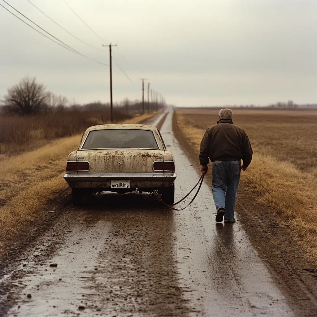 A man walks down a muddy country road, pulling a dirty, old car behind him with a rope.  The car's license plate reads "walking."  The scene is bleak and desolate, under a cloudy sky. The overall impression is one of rural hardship or perhaps a quirky, determined journey.