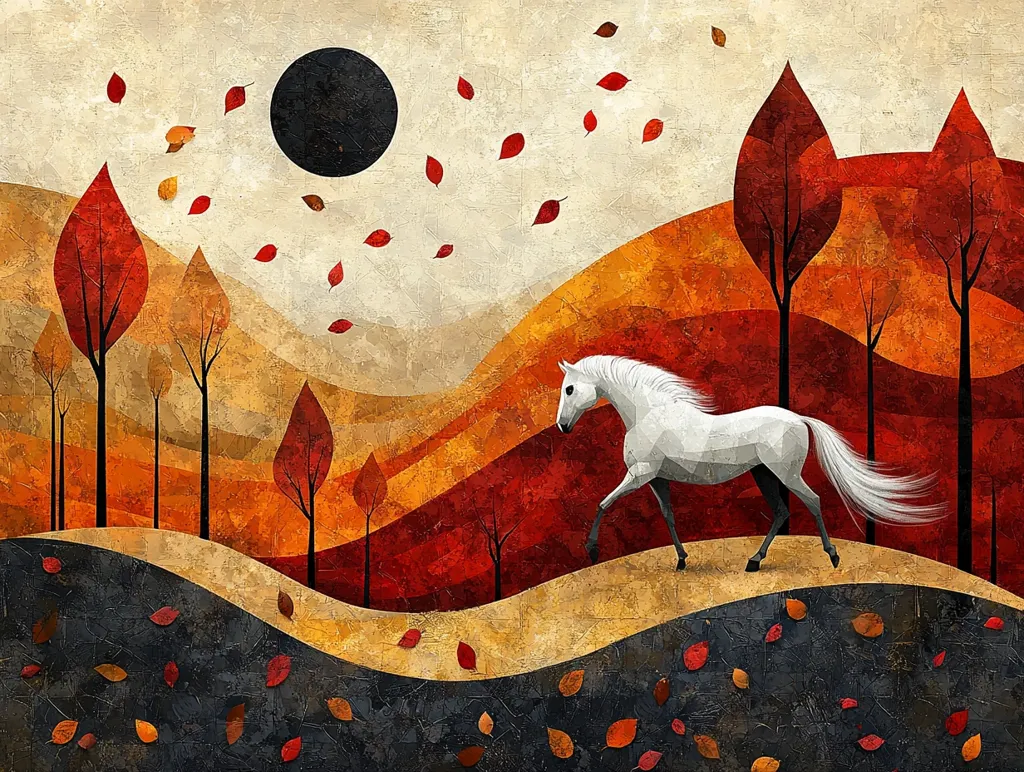 A stylized autumnal landscape features a white horse traversing a gently rolling hill.  The scene is rendered in a geometric style, with angular trees in shades of red and orange against a backdrop of warm, earthy tones.  Falling leaves scatter across the ground and sky, adding to the autumnal atmosphere. A large black circle, possibly representing the sun or moon, hangs in the sky. The overall effect is one of serene autumnal beauty.