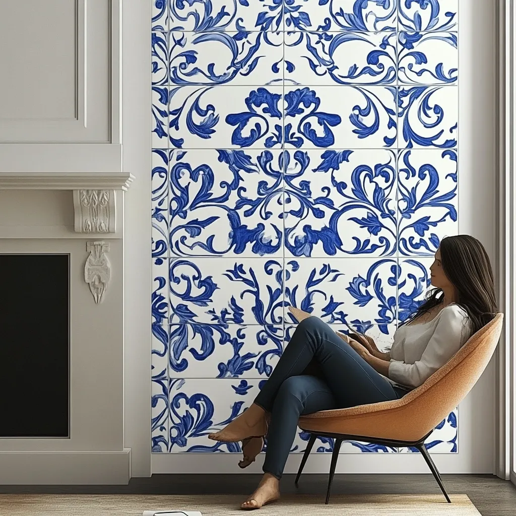 A woman sits in a modern chair against a wall adorned with a striking display of blue and white patterned tiles. The tiles feature a repeating arabesque design reminiscent of traditional Portuguese azulejo.  The room's elegant white fireplace adds to the sophisticated atmosphere. The scene is calm and peaceful, highlighting the beauty of the tilework.