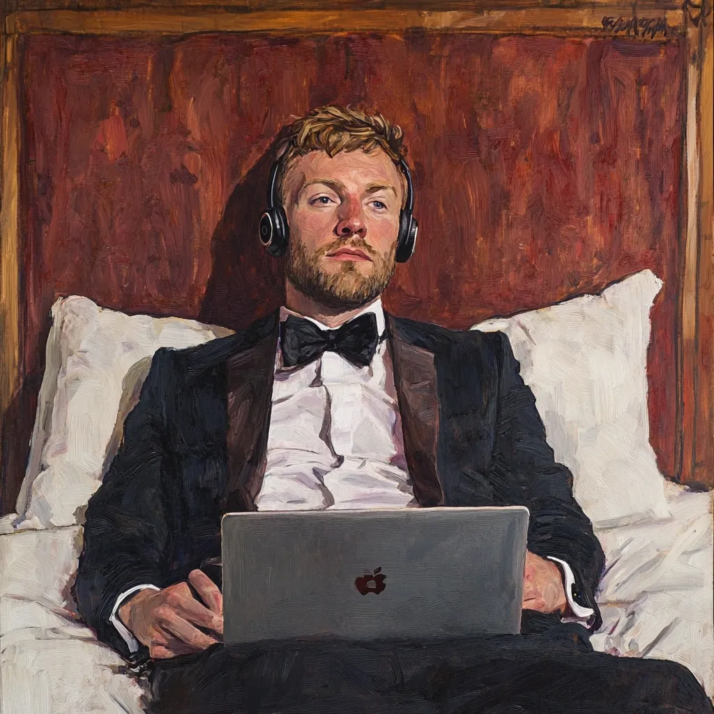 A meticulously painted portrait depicts a man in a tuxedo, reclining on a bed against a rich maroon headboard. He wears headphones and holds a laptop, suggesting a blend of formal attire and modern technology.  His expression is contemplative, gazing upward. The artwork's style is realistic, emphasizing texture and light.