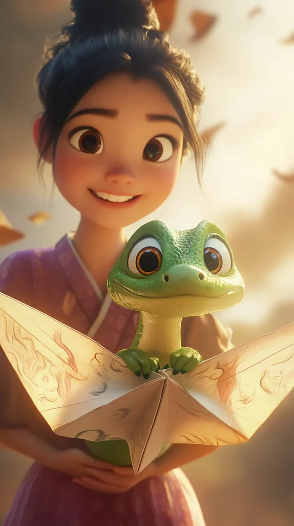 A young girl with dark hair in a bun smiles warmly, cradling a small, adorable green lizard.  They hold a delicately folded origami paper, possibly a bird, between them.  The scene is bathed in soft, golden light, with blurry paper butterflies floating in the background, suggesting a whimsical, fantasy setting. The girl's expression is one of gentle affection towards her reptilian companion.