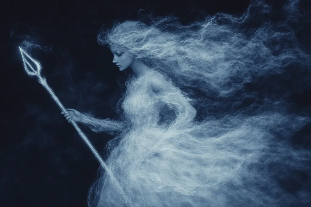 A ethereal, ghostly woman, rendered in shades of blue, holds a luminous spear. Her flowing form resembles wispy clouds or smoke, merging seamlessly with the dark background. The overall mood is mystical and dreamlike, suggesting a spiritual or supernatural being.  The image is highly stylized, with a focus on texture and atmosphere.