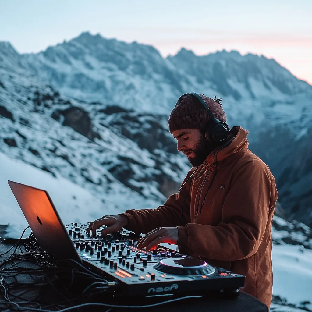 A man wearing a beanie and orange jacket DJs in a snowy mountain landscape. He uses a laptop and a professional DJ mixer. The majestic snow-capped mountains form a breathtaking backdrop to his outdoor music setup. The scene is serene yet energetic, highlighting the contrast between the natural environment and modern technology.  The image suggests a sense of adventure and freedom.