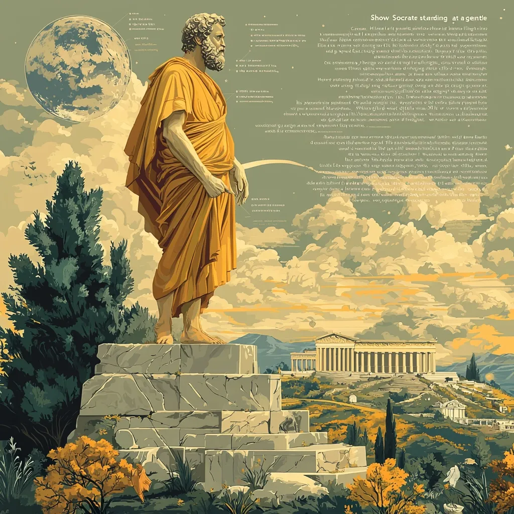 A stylized illustration depicts Socrates, a towering figure in an ochre robe, standing on a tiered stone platform.  He gazes towards a serene landscape featuring a classical temple nestled among rolling hills under a pale sky. A large moon hangs in the upper left corner.  Text surrounds the image, possibly quotes or biographical information relating to Socrates. The overall aesthetic is reminiscent of classical Greek art.