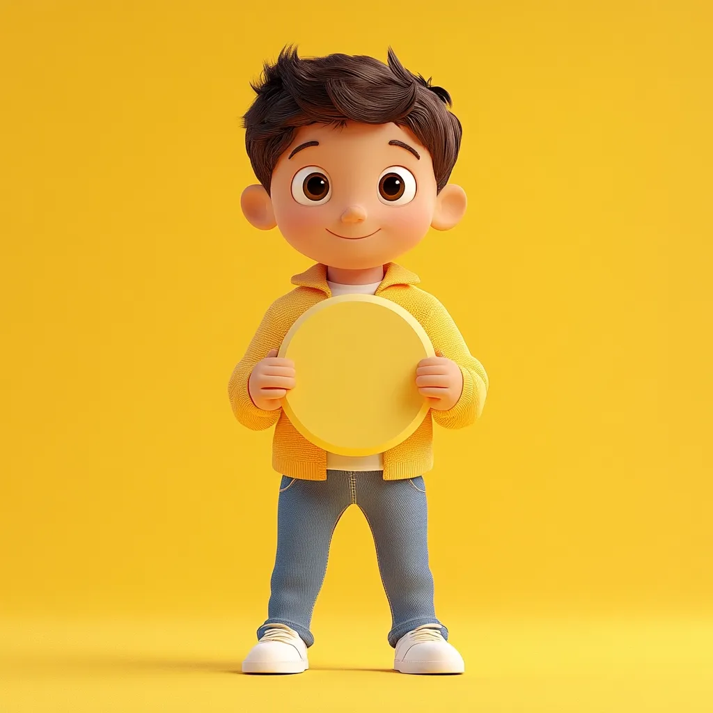 A cheerful 3D-rendered cartoon boy with dark hair stands against a vibrant yellow background.  He's dressed in a yellow jacket and blue jeans, and holds a large, blank, yellow circle in front of him.  His expression is friendly and inviting, suggesting the image is suitable for advertising or children's content. The overall aesthetic is playful and bright.