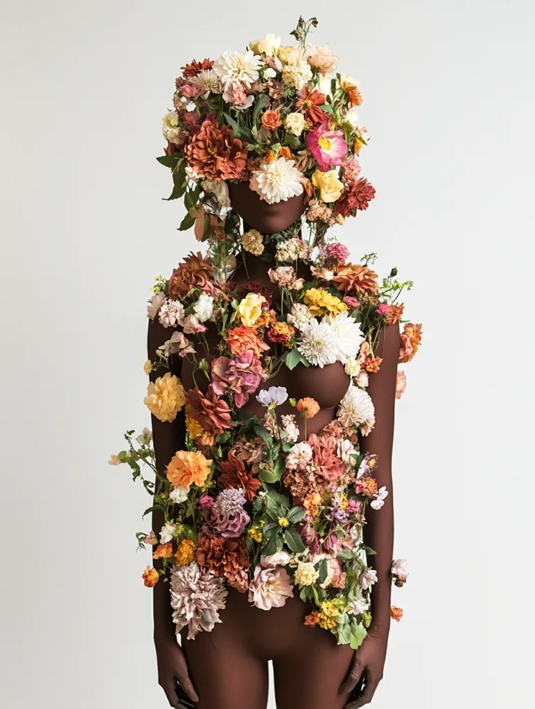 A dark-skinned mannequin is adorned with a profusion of autumnal flowers.  The flowers completely cover the mannequin's head and torso, creating a striking visual effect.  The color palette is rich with oranges, reds, pinks, and whites, suggesting a vibrant, almost surreal, floral bodysuit. The image is stark against a plain white background, highlighting the intricate detail of the floral arrangement.
