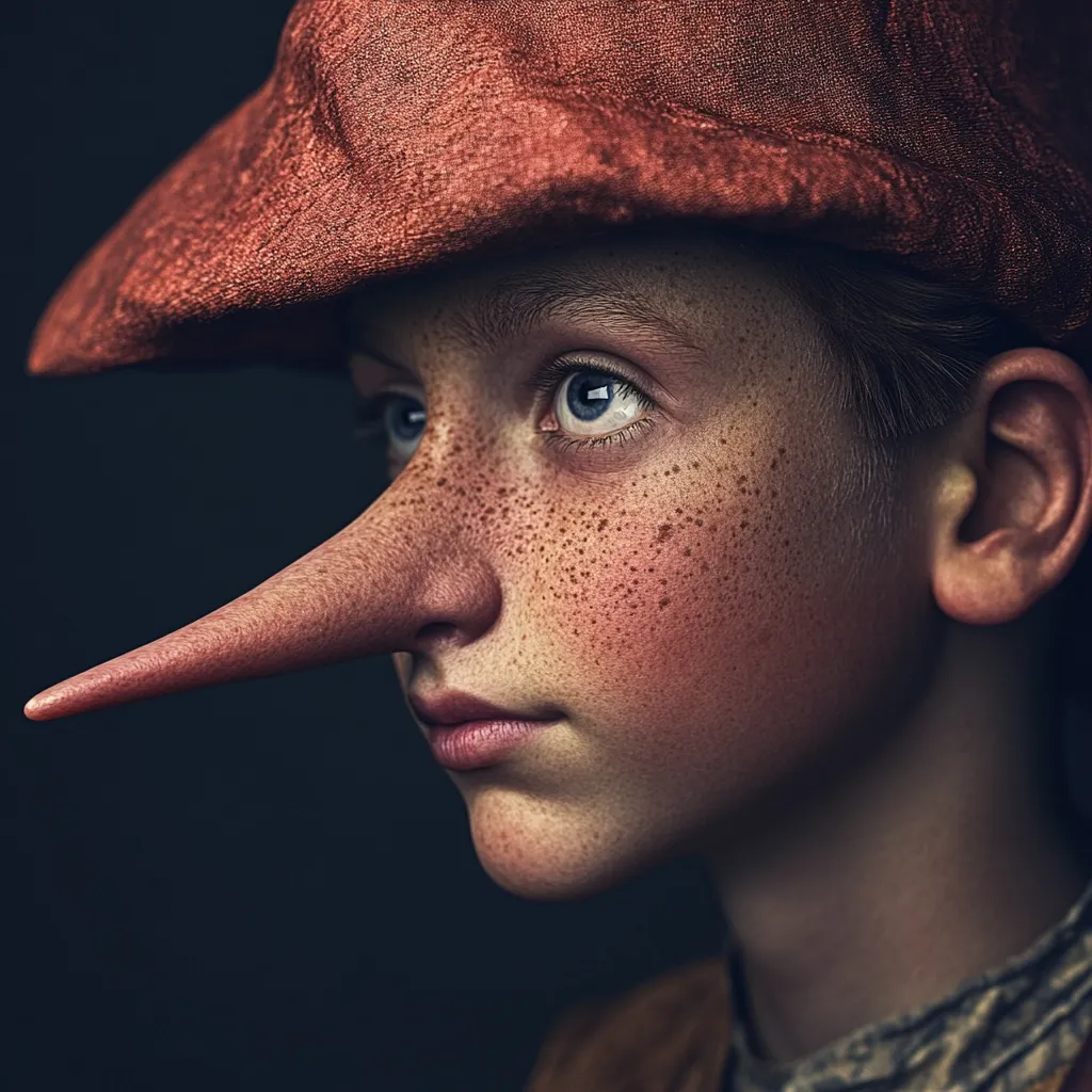 Close-up profile view of a freckled child wearing a reddish-brown newsboy cap.  The child's most striking feature is an exaggeratedly long nose, suggesting a fantastical or illustrative representation, perhaps referencing the tale of Pinocchio. The lighting is dramatic, focusing on the face and emphasizing the textures of the skin and fabric. The overall mood is slightly melancholic and mysterious.