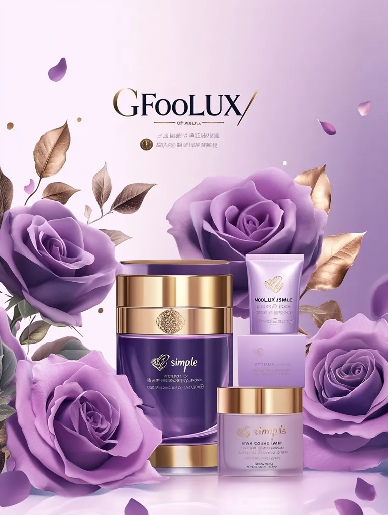 An advertisement for GFoolUX skincare features elegant purple roses and luxurious-looking packaging.  The product line includes a large jar, smaller jar, and a tube, all with a consistent purple and gold color scheme.  The brand name is prominently displayed, along with subtle Asian script. The overall aesthetic is sophisticated and feminine.