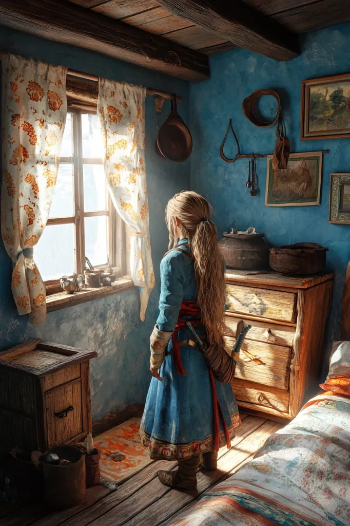 A young woman with long blonde hair, dressed in a blue and red medieval-style outfit, stands in a rustic room gazing out a window.  The room features blue walls, wooden beams, old furniture including a dresser and nightstand, and various rustic decorations.  Sunlight streams through the window, illuminating dust motes in the air.  The overall mood is one of quiet contemplation and a sense of aged, lived-in space.