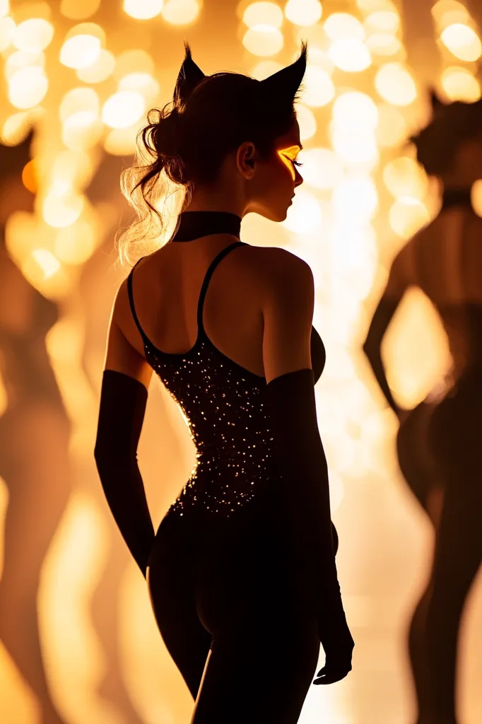 Silhouetted against a warm, bokeh-filled background, a woman with cat-like ears stands, showcasing a sparkling black bodysuit and long gloves.  Her back is to the camera, highlighting her posture and the intricate details of her outfit.  Blurred figures in the background suggest a performance or event. The lighting emphasizes the contrast between the dark clothing and the bright, vibrant backdrop.