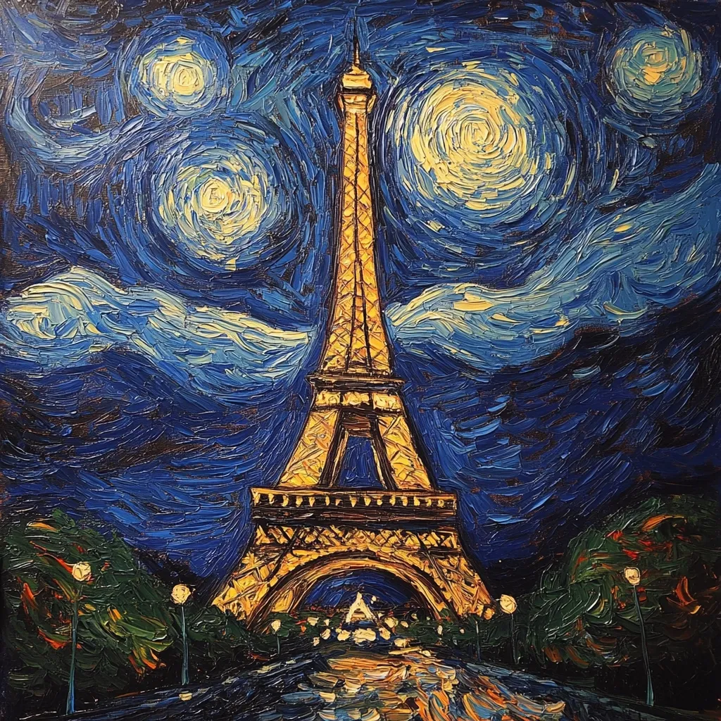 A vibrant impasto painting depicts the Eiffel Tower at night, styled after Van Gogh's "Starry Night."  Thick brushstrokes create a swirling, starry sky in deep blues and yellows. The tower is rendered in gold tones, contrasting against the night sky.  The scene is completed with dark, textured foliage flanking the tower and a suggestion of a city street below.