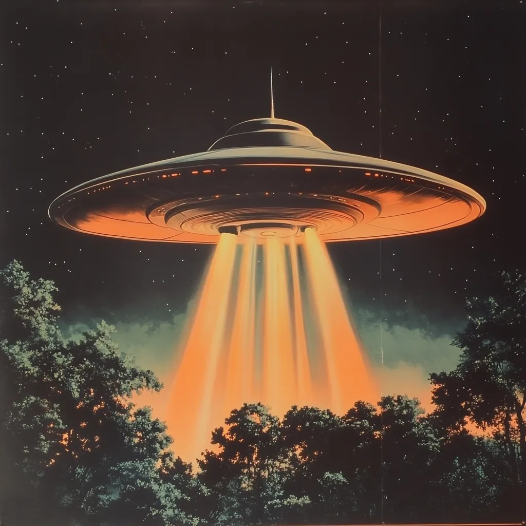 A classic depiction of a flying saucer hovers over a dark forest at night.  Bright orange beams of light emanate from the underside of the craft, illuminating the trees below. The starry night sky provides a dramatic backdrop to this scene of extraterrestrial visitation, evoking a sense of mystery and wonder.  The image is stylized, with a retro aesthetic.