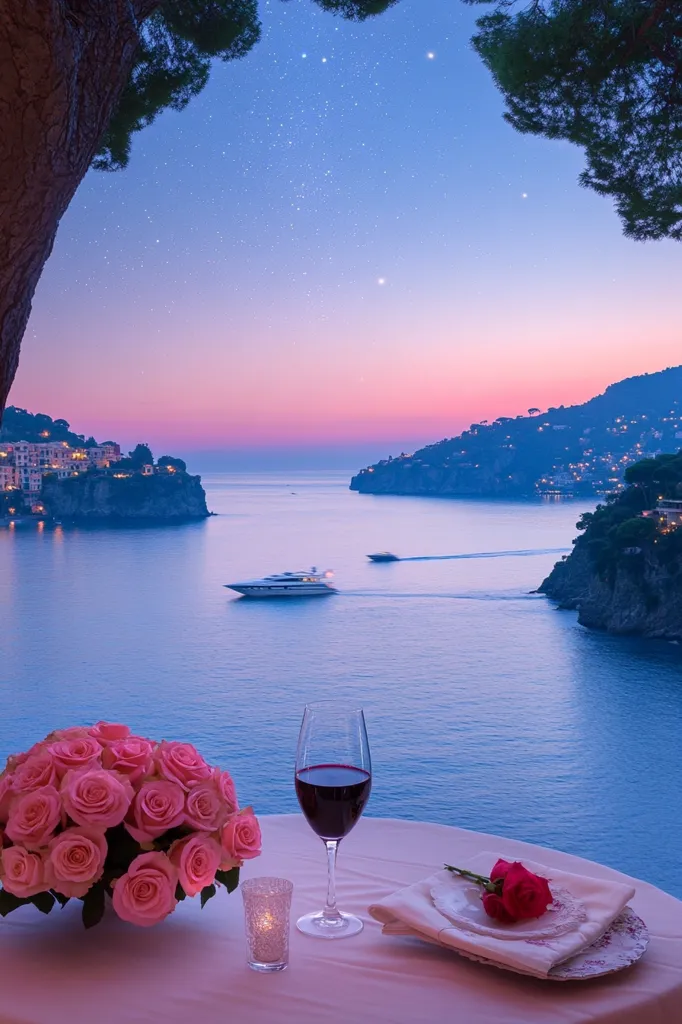 A romantic table setting overlooks a stunning coastal scene at twilight.  Pink roses adorn the table beside a glass of red wine.  A yacht sails peacefully on the calm sea, with picturesque villages clinging to the hillsides under a starlit sky. The tranquil atmosphere evokes a sense of serenity and luxurious escape.