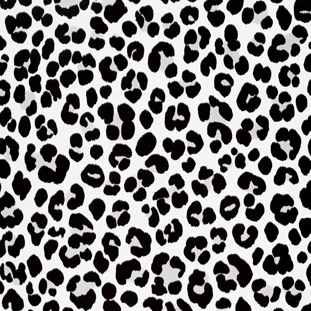 The image shows a close-up of a black and white leopard print pattern.  The print is densely packed with irregular black spots on a white background. Some spots have a slightly lighter grey center, giving a textured effect. The pattern is consistent and repeats across the entire image, suitable for fabric or wallpaper.