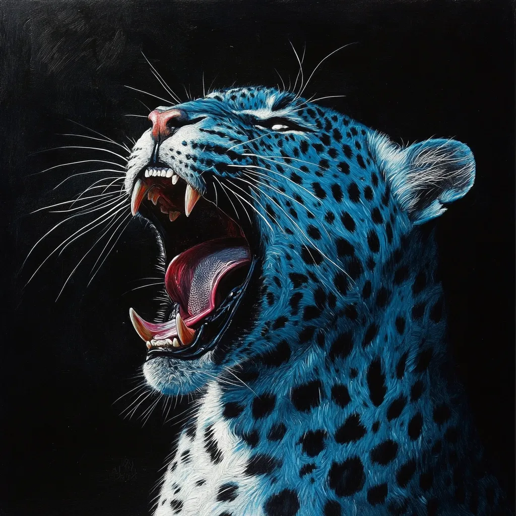 A striking close-up painting depicts a vibrant blue leopard with its mouth wide open, revealing sharp teeth and a pink tongue.  The leopard's fur is meticulously detailed, showcasing its unique pattern against a stark black background. The artist's skill is evident in the realistic portrayal of the animal's features and the intense expression captured in the painting.  The overall effect is one of power and beauty.