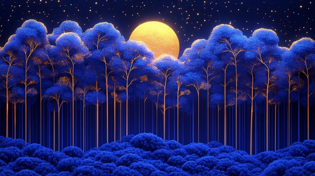 A digital artwork depicts a forest at night under a large, golden moon.  The trees are a vibrant blue, with glowing orange-gold inner branches, creating a surreal and magical atmosphere.  The starry night sky is dark blue, contrasting with the bright moon and the luminous trees. The scene is peaceful and dreamlike, suggesting a fantastical or enchanted forest.