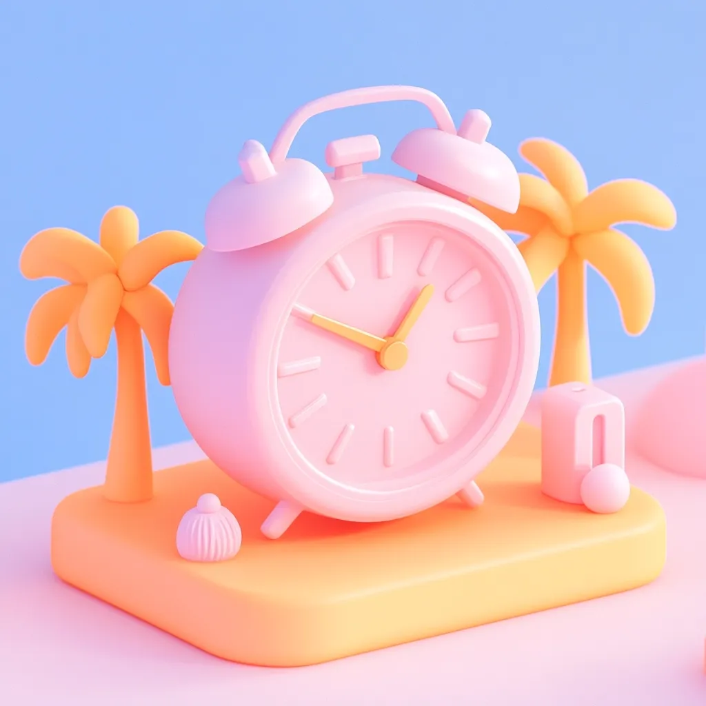 A pastel pink alarm clock sits on a small, peach-colored island base, surrounded by miniature palm trees.  The clock's hands point to a time shortly before noon.  The scene is rendered in a stylized, 3D cartoon aesthetic with smooth surfaces and bright, cheerful colors.  Small decorative elements, also in pastel shades, complete the miniature beach scene.