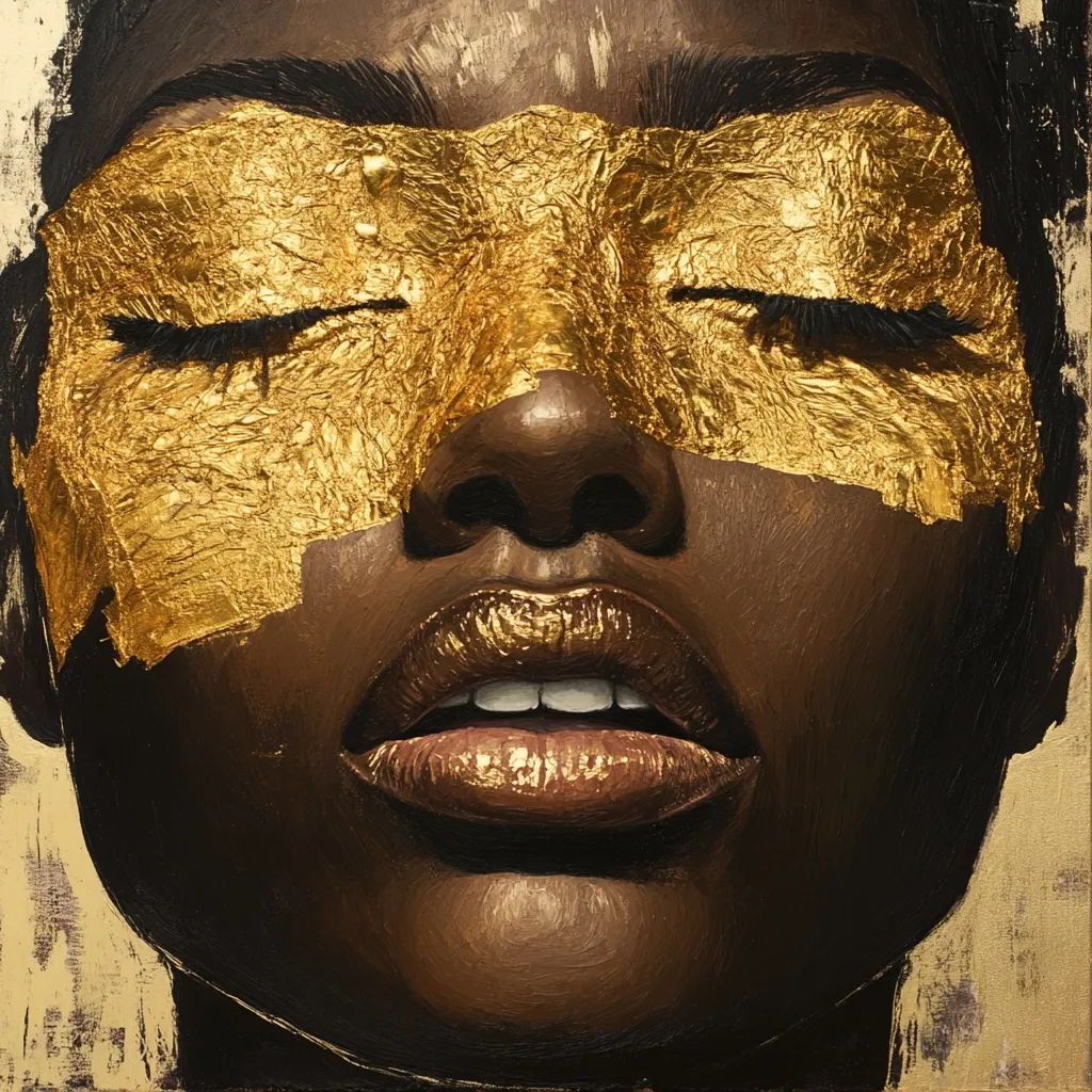 A close-up portrait of a dark-skinned woman's face, partially covered by gold leaf.  Her eyes are closed, and the gold leaf is applied in a textured, abstract manner across her forehead and cheeks. The rich, dark tones of her skin contrast beautifully with the shimmering gold, creating a striking and luxurious image.  The painting's style is realistic, with a focus on texture and light.