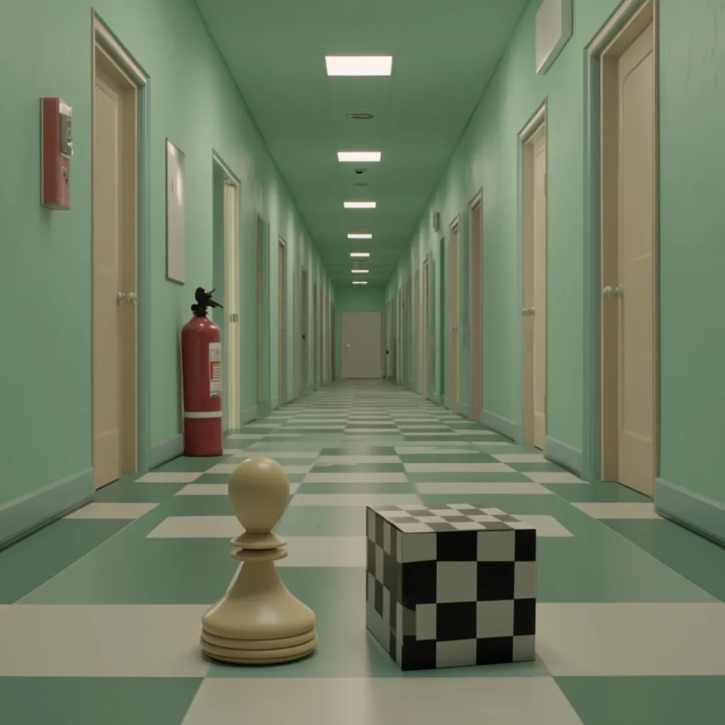 A long, mint-green hallway with evenly spaced doors stretches to a vanishing point.  A chess pawn and a miniature chessboard cube sit centrally on the checkered floor. A fire extinguisher is visible on the left wall. The overall aesthetic is clean, minimalist, and slightly surreal.  The scene evokes a sense of quiet contemplation and perhaps strategic planning.