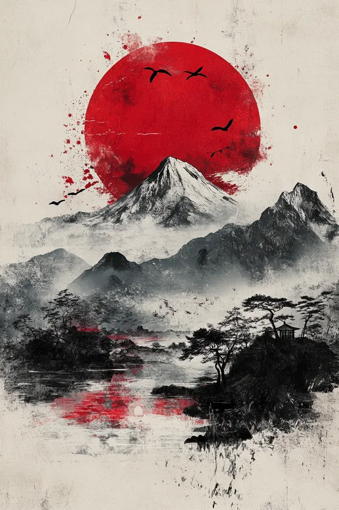A dramatic landscape painting in a Japanese style features a large, red sun dominating the upper portion.  Silhouetted birds fly across the sun. Below, a majestic mountain, possibly Mount Fuji, rises from a misty valley of dark, ink-washed hills and trees.  A calm body of water reflects the red tones, adding to the serene yet powerful mood. The overall style evokes a sense of tranquility and mystery.