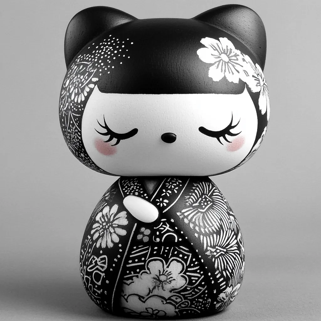 A handcrafted kokeshi doll, styled as a cat, is depicted.  The doll's head is black with white floral details and cat ears, while its face is white with closed eyes and rosy cheeks.  The doll's body is adorned with a black and white kimono-like garment featuring a floral pattern.  The overall aesthetic is minimalist and elegant, combining Japanese kokeshi tradition with a modern, stylized cat design.