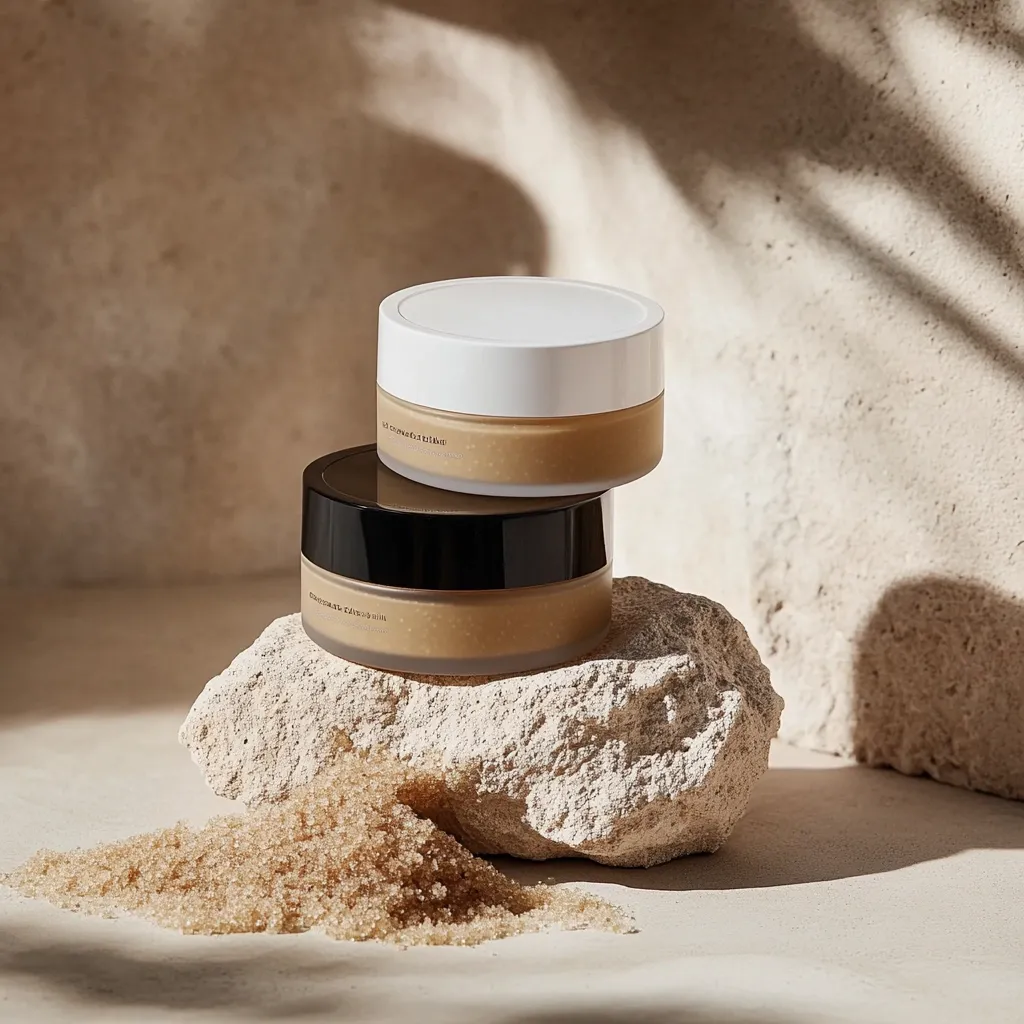 Two jars of brown sugar body scrub are stacked on a light beige rock against a neutral background.  The top jar has a white lid, the bottom a black lid.  A small pile of brown sugar sits in front, suggesting the scrub's texture.  The scene is minimalist and subtly luxurious, highlighting the product's natural ingredients.  Soft shadows enhance the aesthetic.