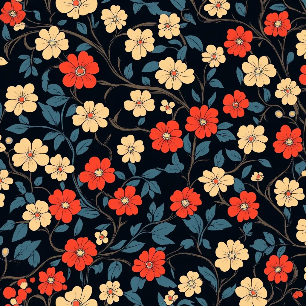 A dark floral pattern featuring red and cream flowers.  The flowers are stylized and slightly retro in appearance, blooming along dark teal vines against a black background.  The design creates a densely packed, repeating motif suitable for textiles or wallpaper.  The color palette is muted and sophisticated.