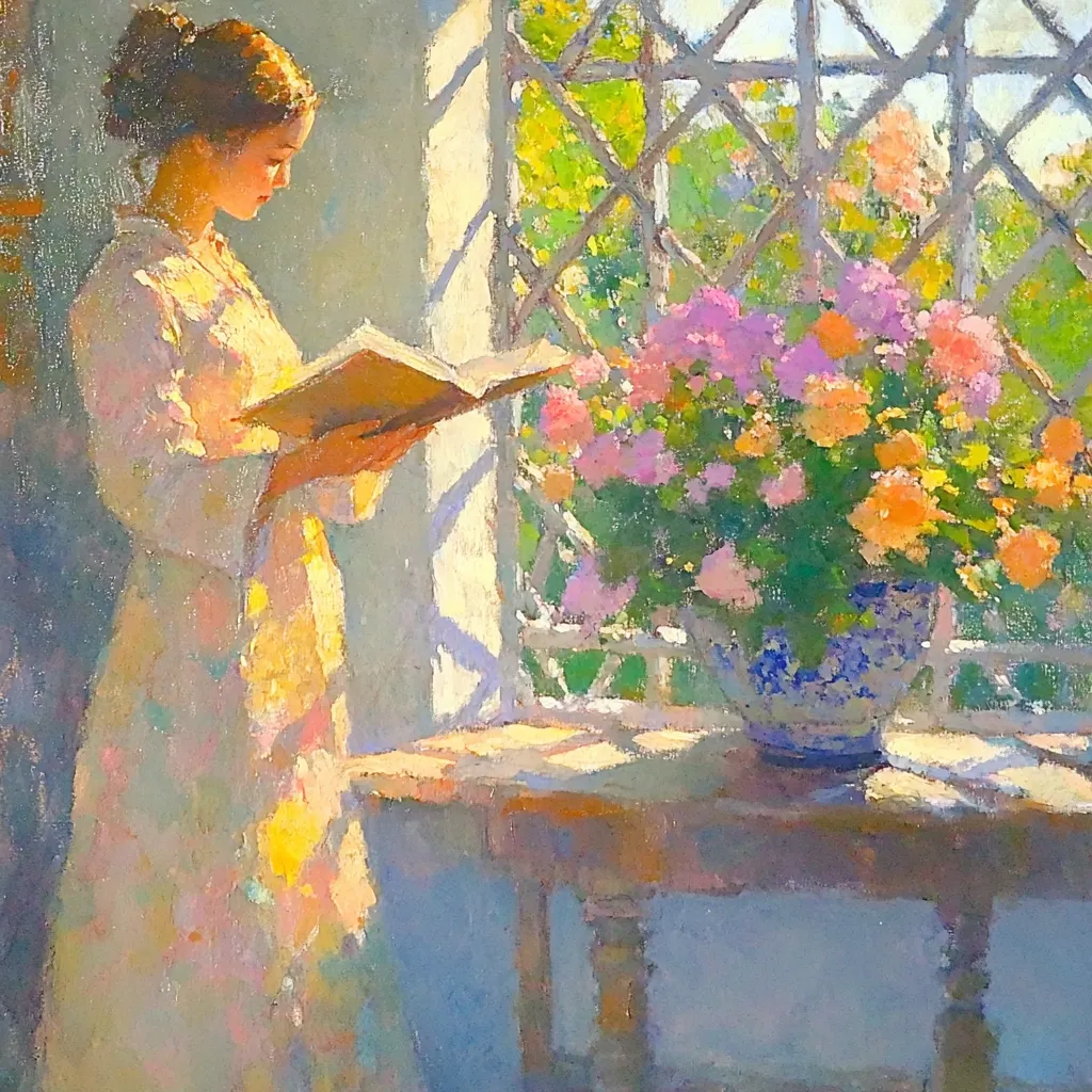 A young woman in a flowing light-colored dress stands by a window, engrossed in a book. Sunlight streams in, illuminating her and a vibrant bouquet of flowers in a blue and white vase on a nearby table. The window features an intricate lattice design, offering a glimpse of a lush green garden beyond.  The painting’s style is impressionistic, with loose brushstrokes capturing the light and atmosphere.