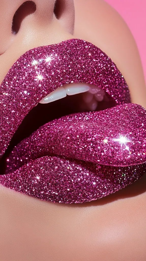 Close-up of a person's lips covered in sparkly, pink glitter.  The glitter extends onto the tongue, which is partially visible. The lips are full and the focus is sharp, highlighting the texture and shimmer of the glitter. The background is a soft pink. The overall image is glamorous and visually striking.