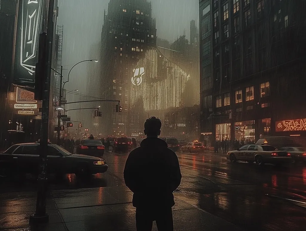 A lone figure stands silhouetted on a rain-slicked city street at night.  Tall buildings loom on either side, their lights reflecting in the wet pavement.  Cars drive past, their taillights blurring in the downpour.  A large building in the background displays an illuminated, abstract design. The overall atmosphere is dark, moody, and atmospheric.