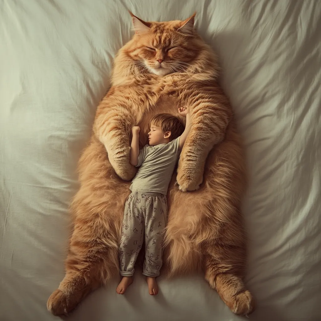 A heartwarming image depicts a young toddler peacefully sleeping nestled against a giant, ginger Maine Coon cat.  The cat, seemingly oversized, lies on its back on a bed, its paws gently cradling the child.  Both appear deeply asleep, creating a surreal and adorable scene of unlikely companionship. The soft lighting and muted colors enhance the overall peaceful mood.