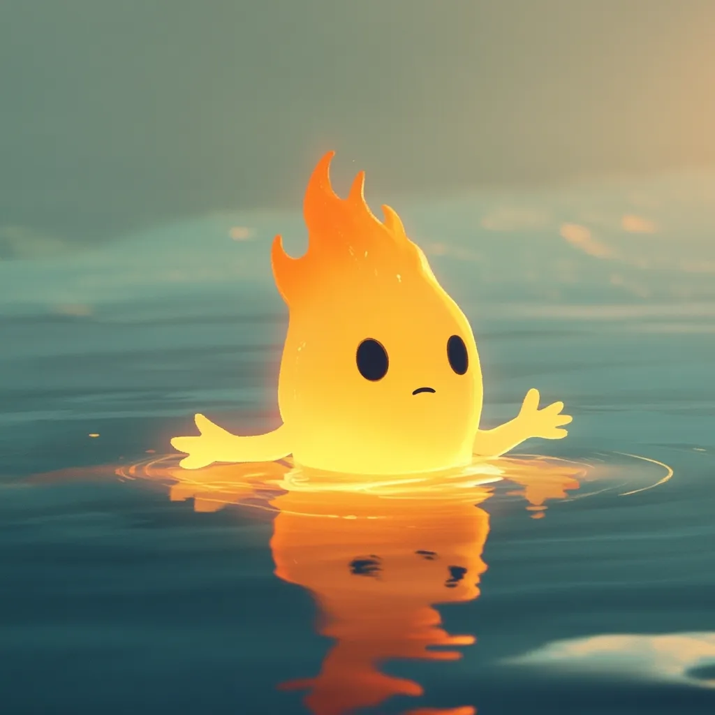 A cute, cartoonish fire elemental, with a melancholic expression, floats in calm water.  Its body is a glowing, amber color, with simple, dark eyes and small arms outstretched.  The fire's reflection is visible on the water's surface, creating a serene yet slightly unsettling image. The overall style is minimalist and dreamlike.