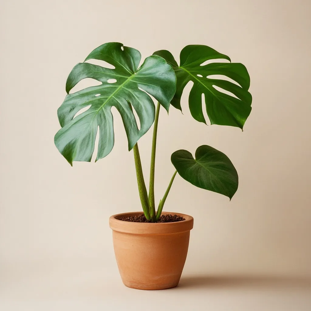 A young Monstera deliciosa plant sits in a terracotta pot against a beige background.  The plant's vibrant green, characteristically fenestrated leaves are prominently displayed.  The pot is simple and earthy, complementing the plant's lush foliage. The overall image is clean, minimalist, and evokes a feeling of calm.