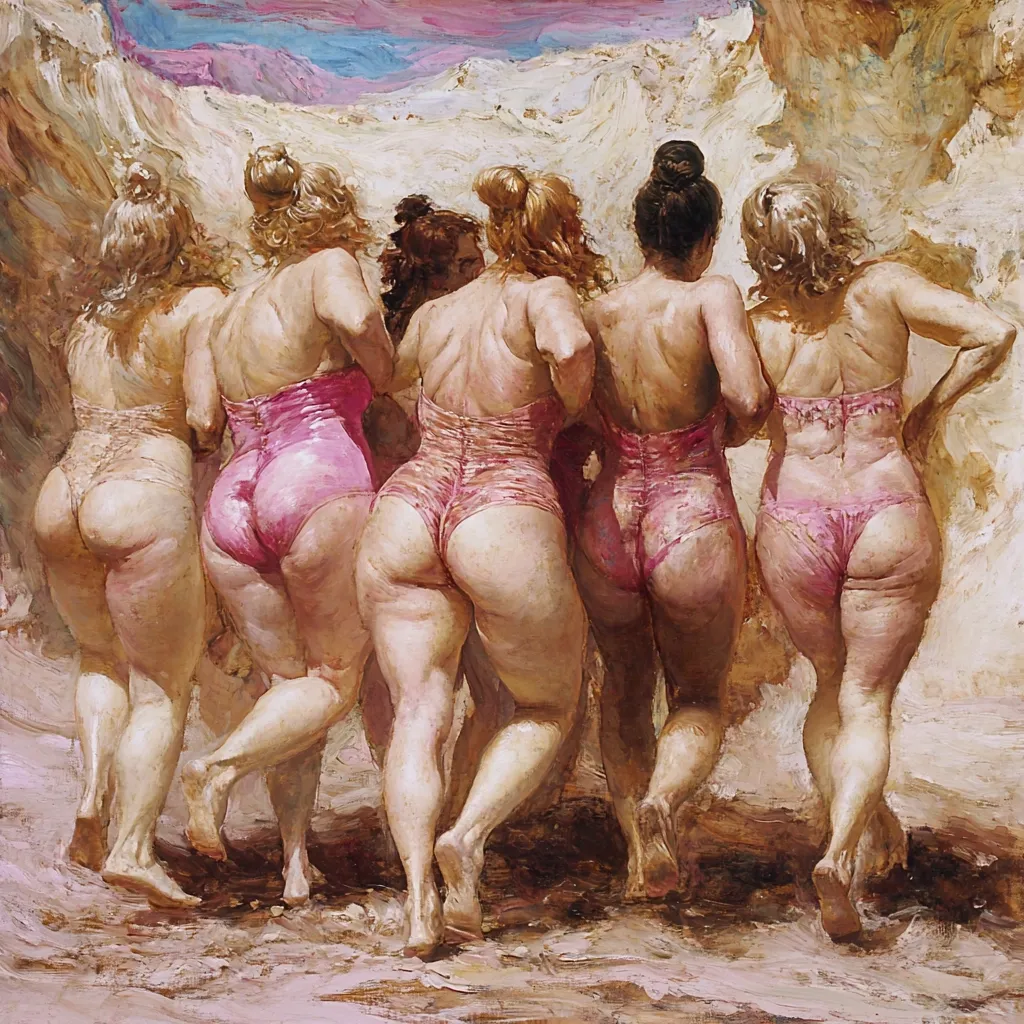 A painting depicts five women, viewed from behind, walking away from the viewer on a sandy beach.  They are wearing pink one-piece swimsuits, revealing their bodies. The style is realist, with a focus on texture and the women's forms. The background suggests a coastal landscape with rocks and a hazy sky. The overall mood is suggestive and slightly melancholic.