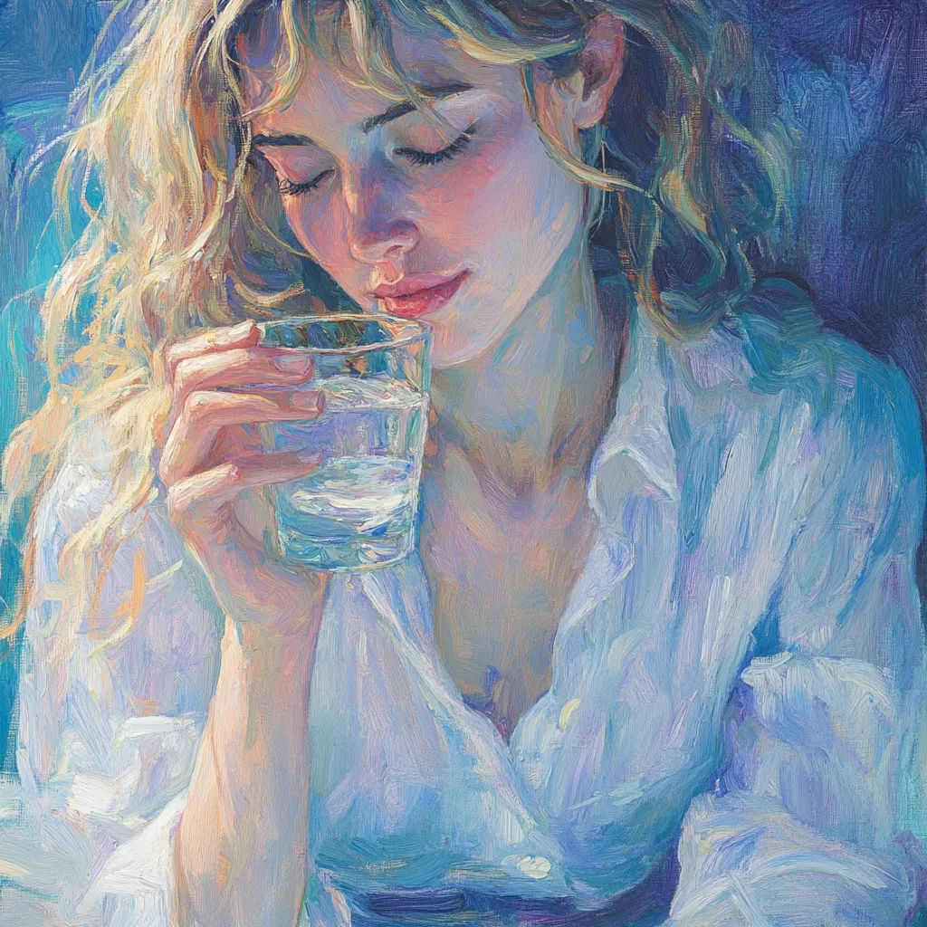A young woman with long blonde hair, wearing a loose white shirt, delicately holds a glass of water to her lips.  The painting is executed in a vibrant, impressionistic style with visible brushstrokes, emphasizing the soft light and the woman's serene expression.  The color palette is predominantly cool blues and purples, contrasted with warmer tones on her skin. The overall mood is peaceful and contemplative.