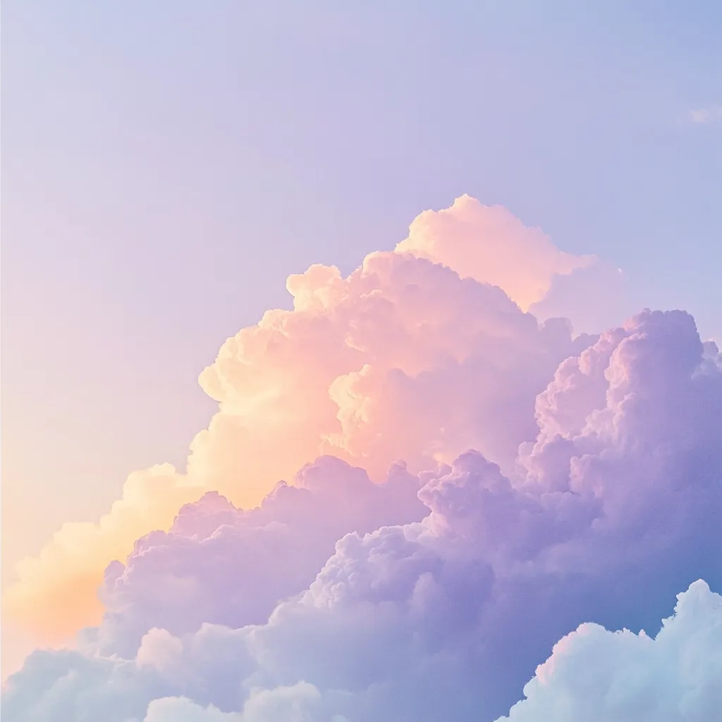 A breathtaking view of pastel-colored clouds dominates the image.  Soft hues of peach, lavender, and light purple blend seamlessly, creating a dreamy, ethereal atmosphere.  The clouds are fluffy and voluminous, filling most of the frame against a pale sky. The overall impression is one of serene beauty and tranquil calm.