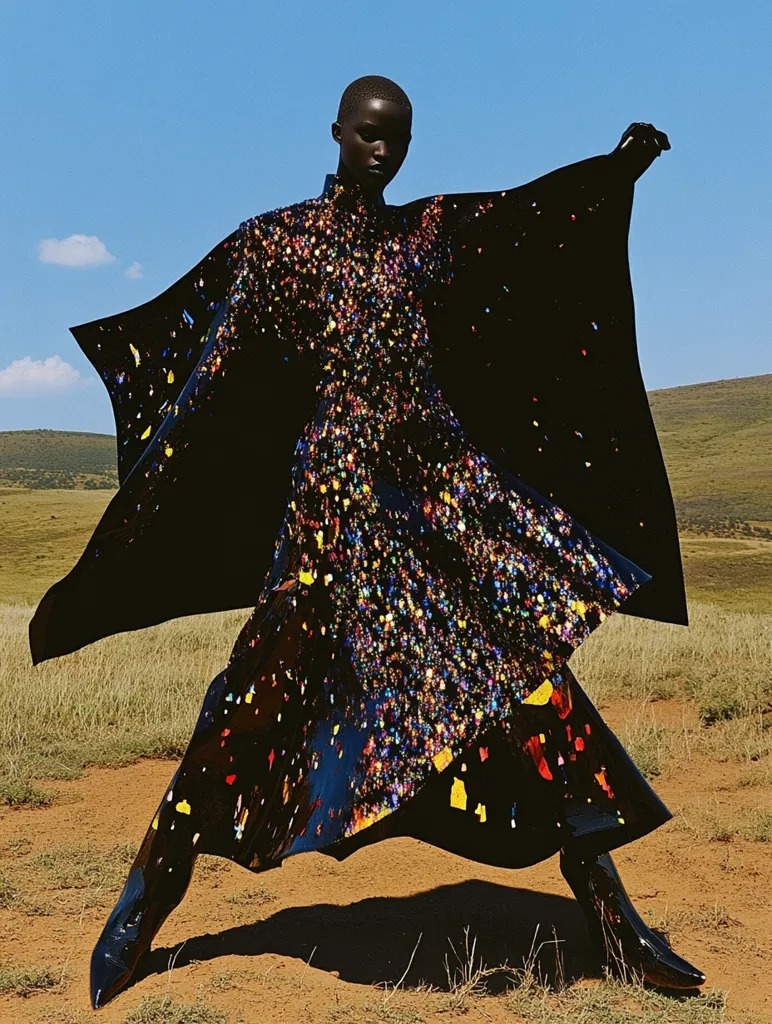 A dark-skinned model poses dramatically in a striking, avant-garde gown. The black garment features a vibrant multicolored splatter pattern, creating a captivating contrast.  Its flowing, cape-like design is emphasized by the model's outstretched arm, enhancing its dramatic flair. The setting is a sun-drenched, grassy plain, offering a stark juxtaposition to the intricate design of the dress.  The model's boots complete the powerful and stylized look.