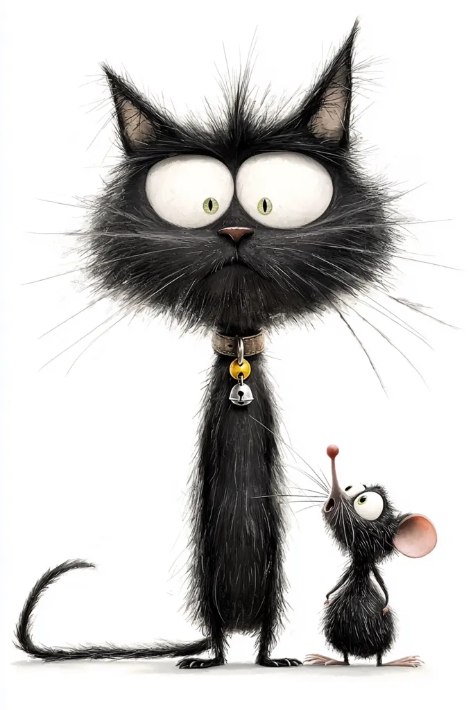 A whimsical illustration features a large, fluffy black cat with exaggerated features, wearing a collar with a bell.  Beside it stands a tiny, equally expressive black mouse, looking up at the cat. Both characters are rendered in a cartoonish style with detailed fur and expressive eyes, creating a humorous contrast in size and personality. The background is pure white, emphasizing the subjects.