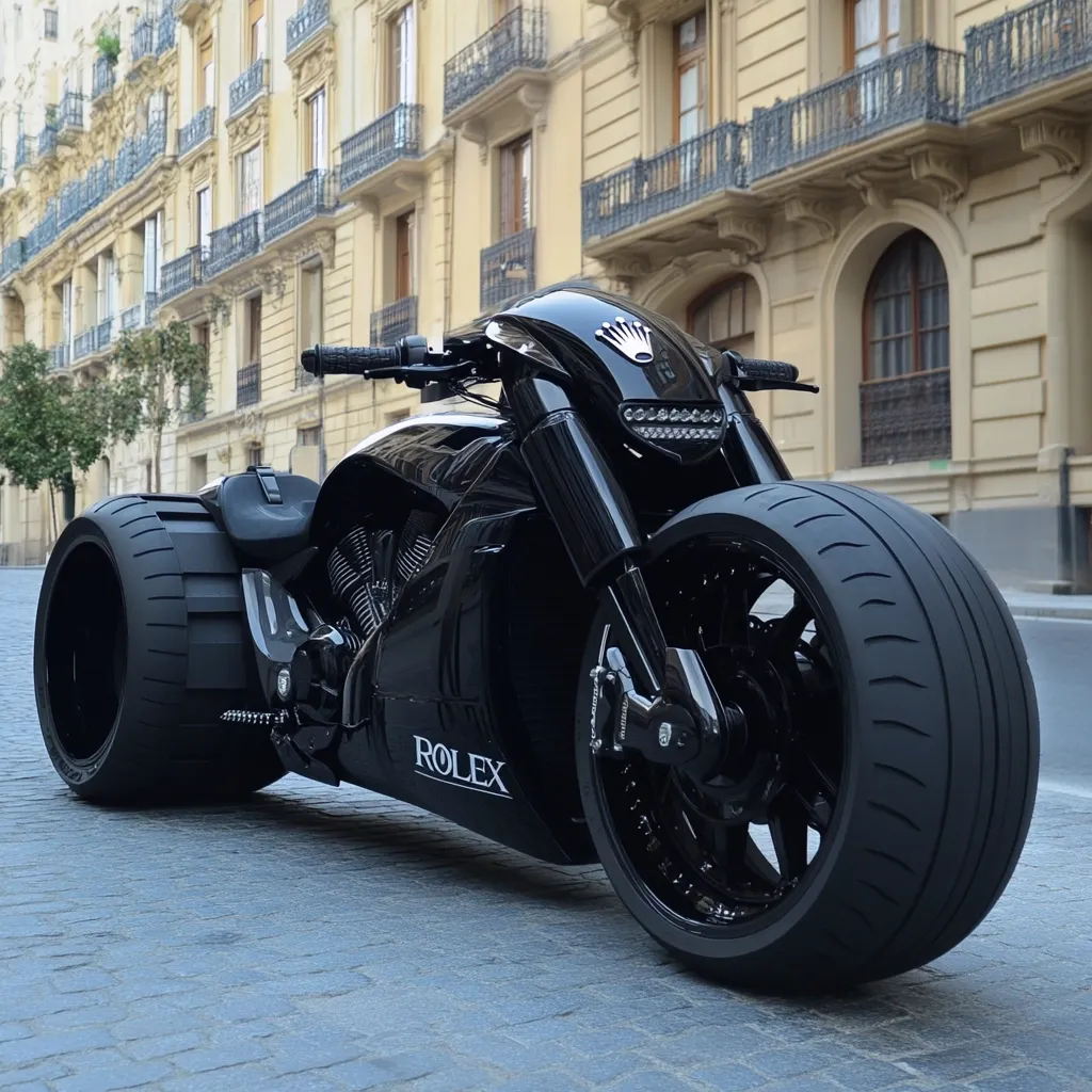 A sleek, black custom motorcycle, possibly a modified V-Rod, dominates the foreground.  Its oversized front and side tires, and low profile give it an imposing presence. The bike features a Rolex logo, adding a touch of luxury. The backdrop is a classic European city street, with elegant buildings lining the road. The overall image projects power and sophistication.