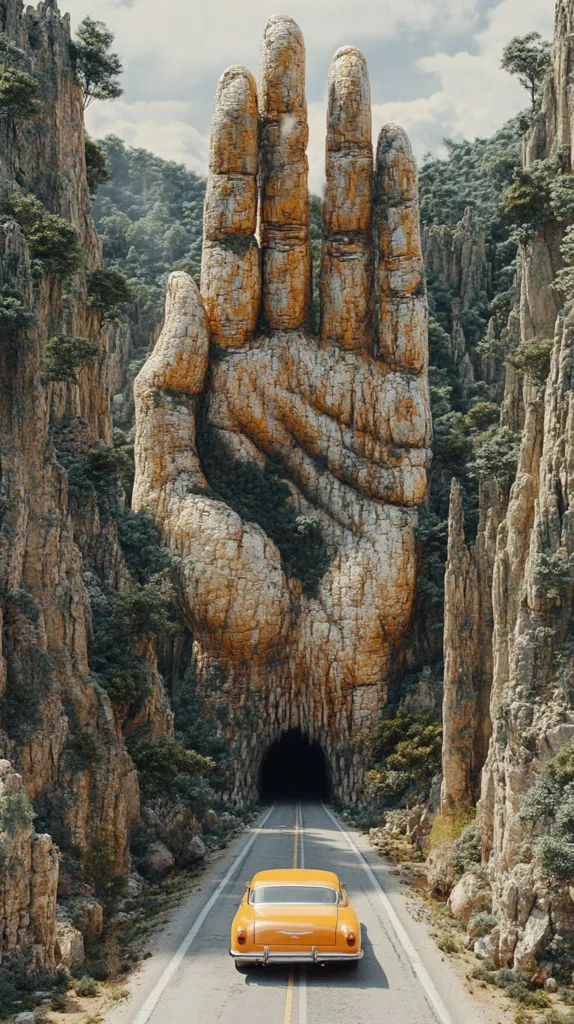 A surreal landscape features a colossal stone hand forming a tunnel through towering rock formations. Lush greenery clings to the craggy cliffs. A vintage yellow car drives towards the hand-shaped passage, creating a sense of journey and mystery. The image blends natural wonder with artistic fantasy, showcasing a dramatic and awe-inspiring scene.