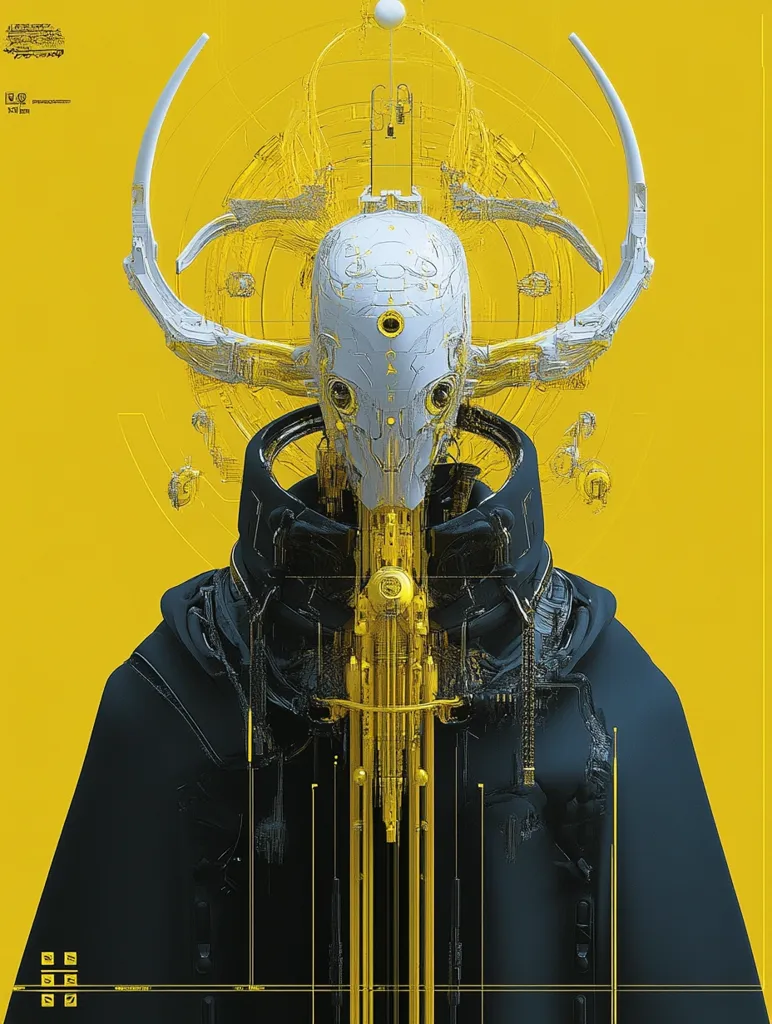 A digital artwork depicts a futuristic robotic figure against a vibrant yellow background.  The robot has a white skull-like head adorned with large, curved horns and intricate golden detailing.  It wears a dark, cloak-like garment.  Geometric lines and shapes create a complex, almost architectural, design around the central figure, adding to its otherworldly, mystical aura.  The overall style is sleek, sharp, and highly stylized.