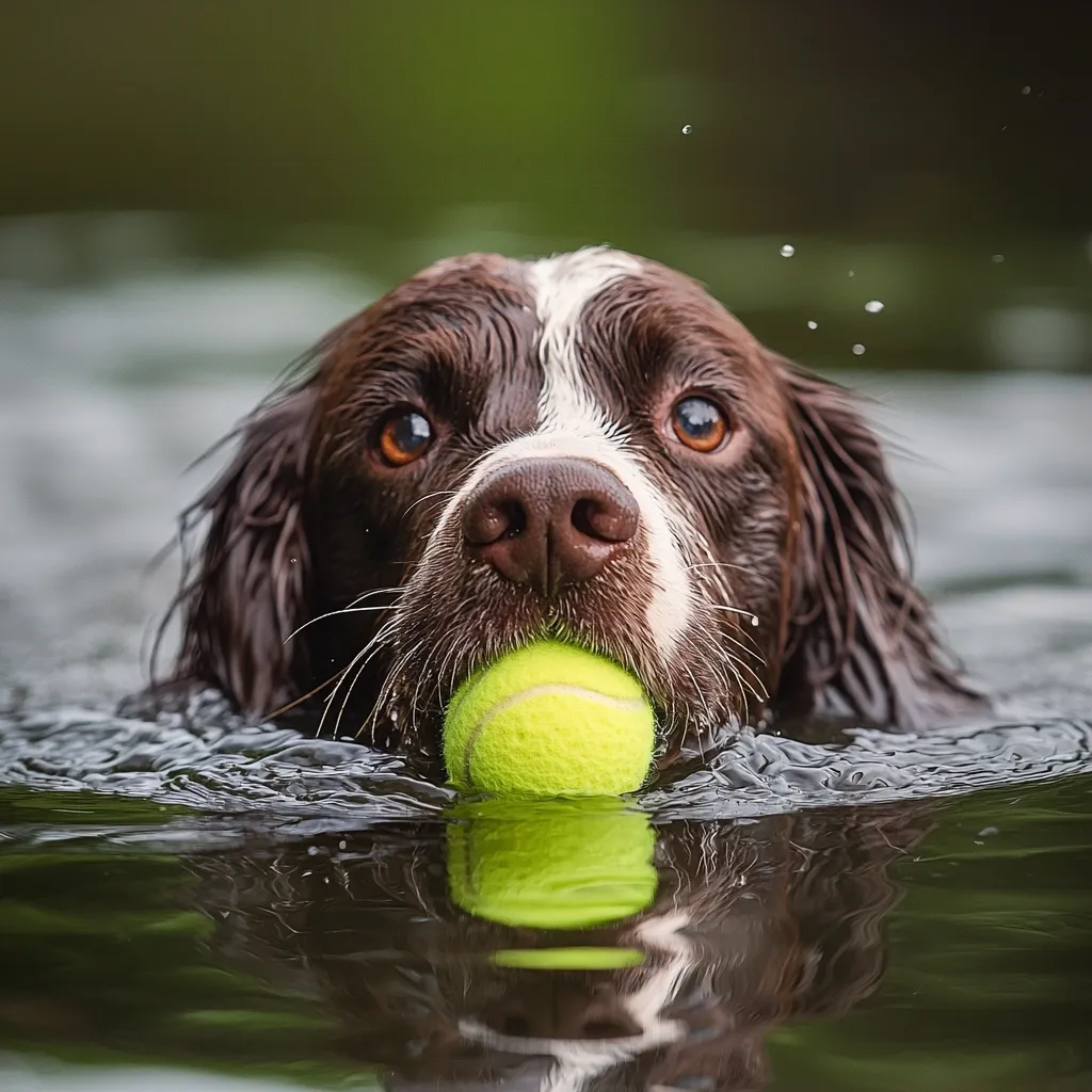 A brown and white dog, possibly a Springer Spaniel, emerges from dark water, holding a bright yellow tennis ball gently in its mouth.  Its eyes are focused, and the reflection of the ball and the dog is visible on the water's surface. The background is blurred, emphasizing the dog and its prize. The overall mood is serene and playful.